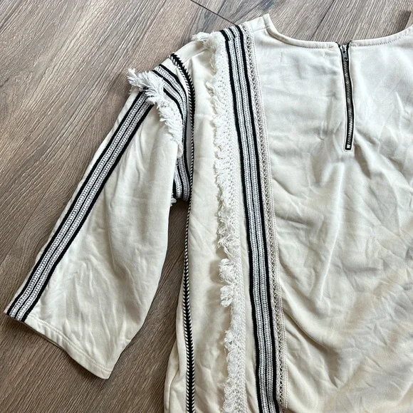 Anthropologie Eri & Ali Top Fringe Trim Black Cream Blouse Women Size Medium - Picture 9 of 12